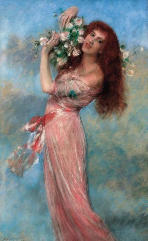 Una giovane bellezza che tiene in mano un mazzo di rose